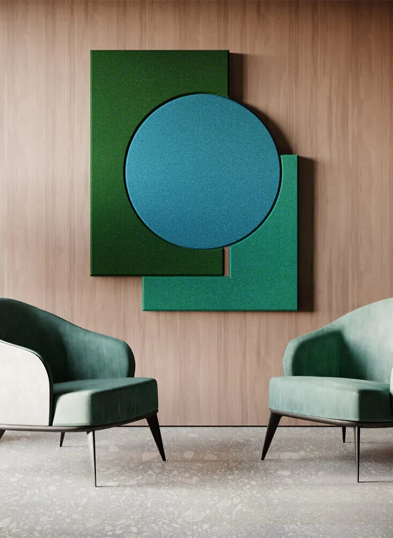 Acoustic Wall Art Panels combined with wood in living room interior DecorMania UK